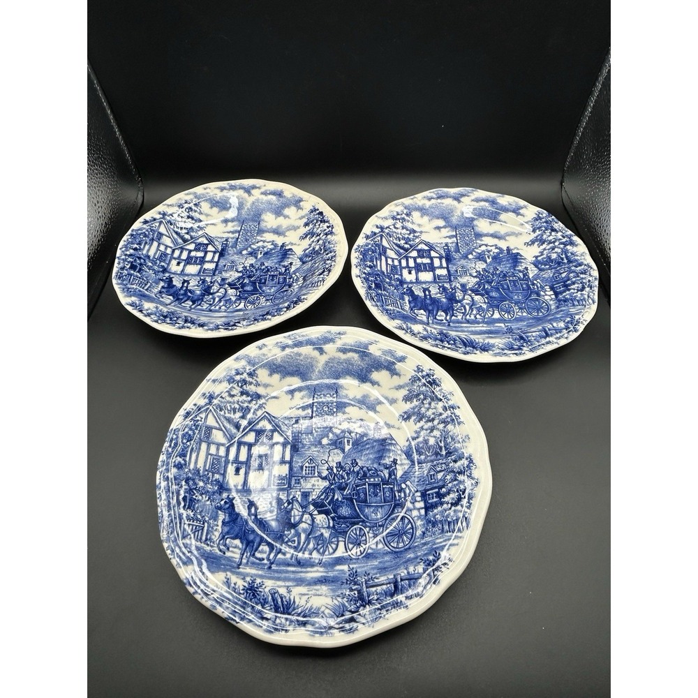 Lot Of 3 Oxford 8.5" China Plate Stagecoach Horses Vitramik Brazil Blue & White